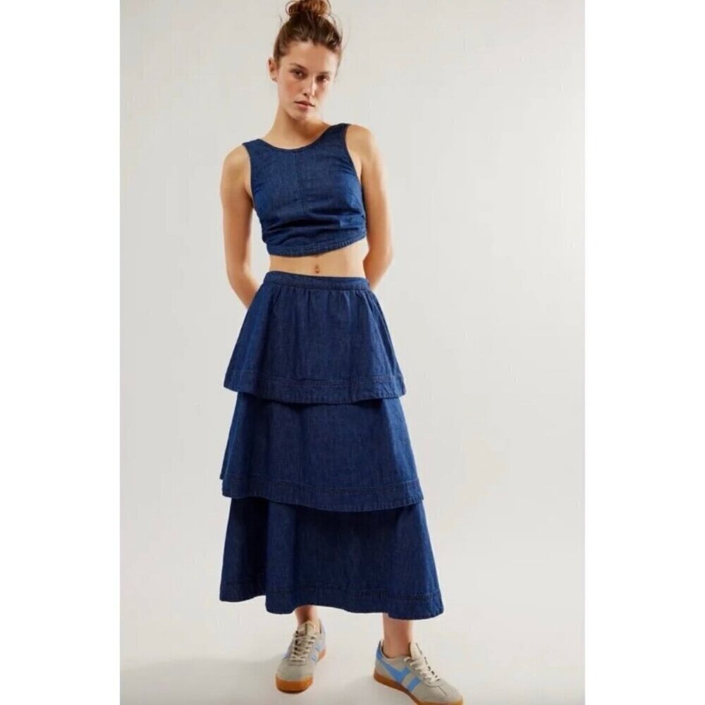 Free People Ryder Denim tiered maxi skirt